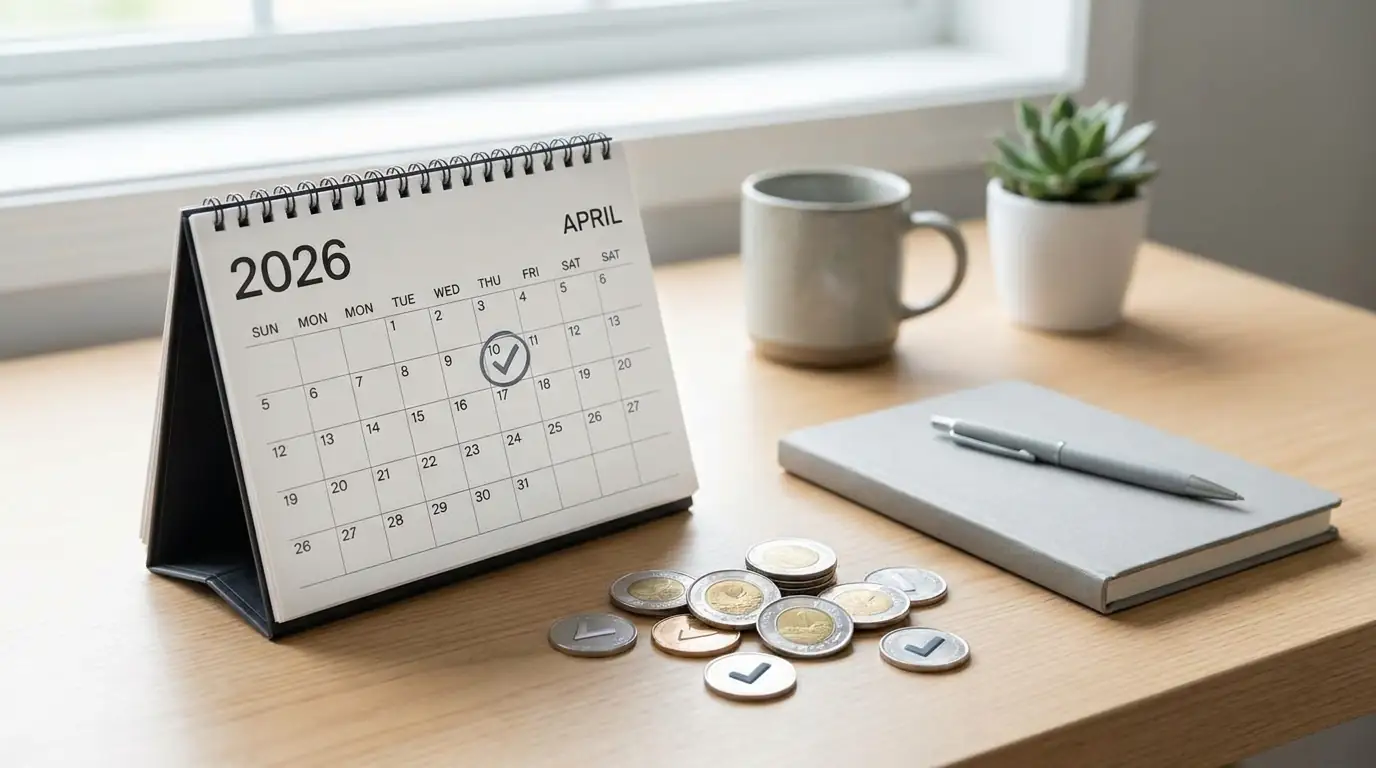 Canadian coins and a calendar representing Public Mobile autopay and monthly savings in 2026