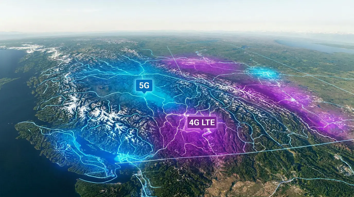 Public Mobile coverage map showing 5G and 4G LTE zones across Canada