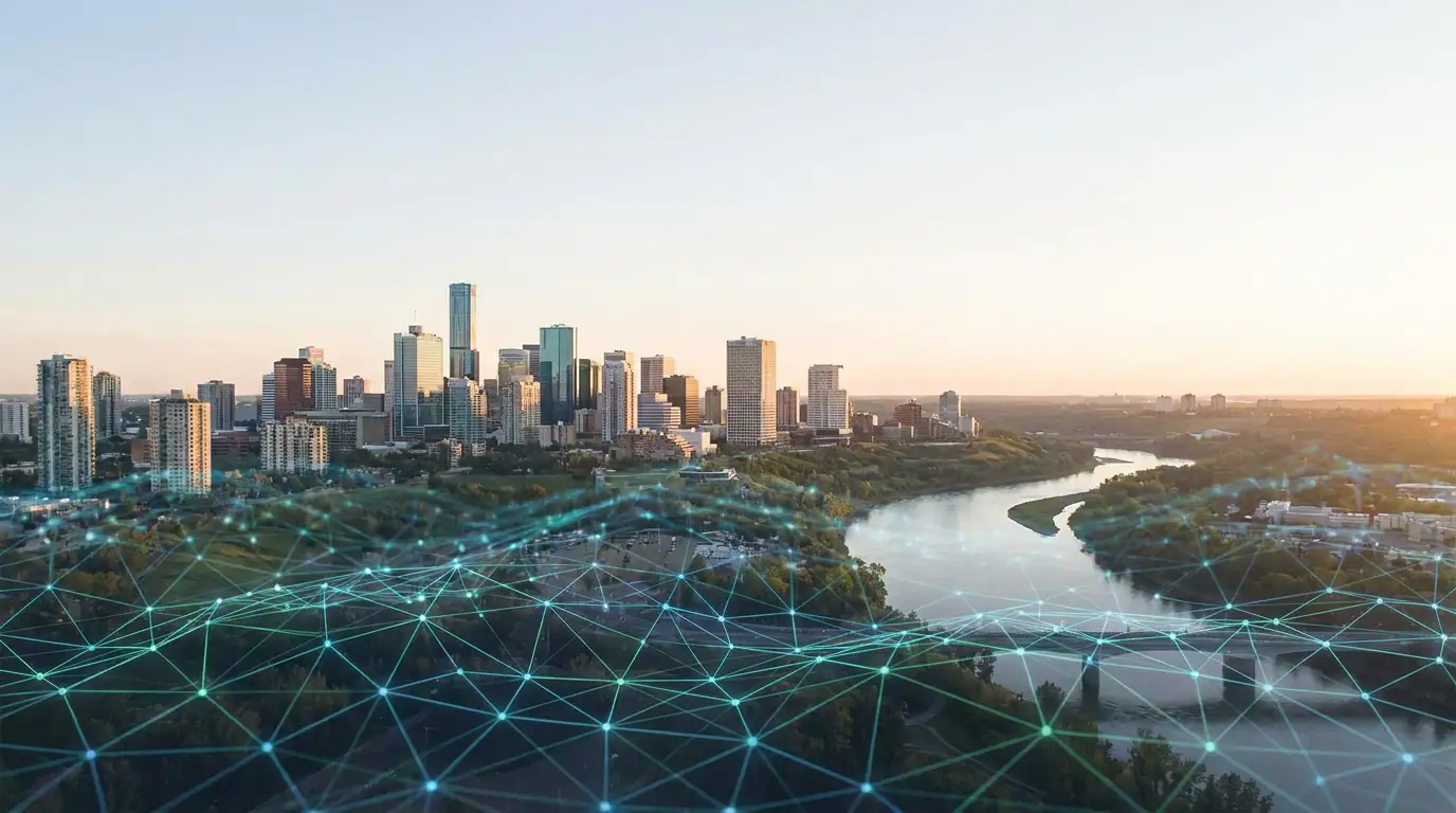 Edmonton skyline with river valley representing Public Mobile coverage guide for Edmonton 2026