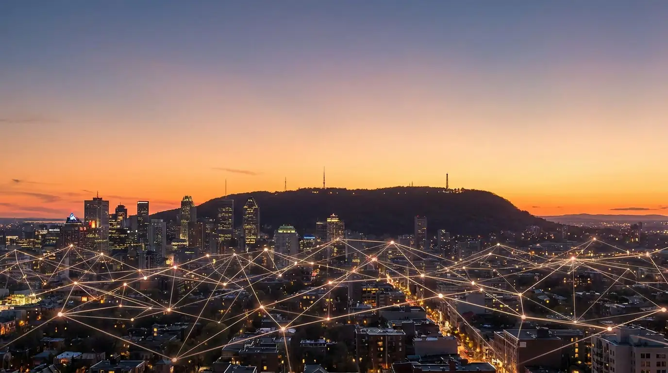 Montreal skyline with Mount Royal at sunset representing Public Mobile coverage guide for Montreal 2026