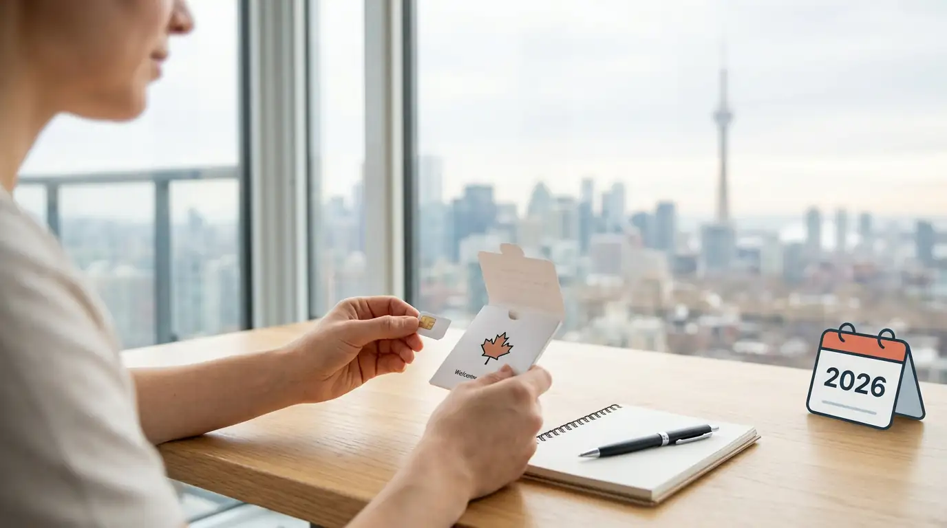 New arrival in Canada setting up a phone plan representing Public Mobile newcomers guide 2026
