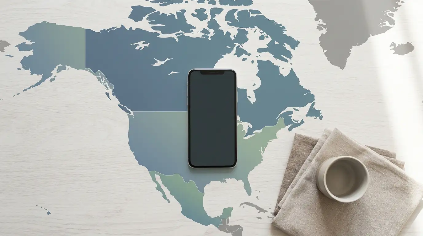 Smartphone on a map of North America representing Public Mobile CAN-US-MEX roaming guide