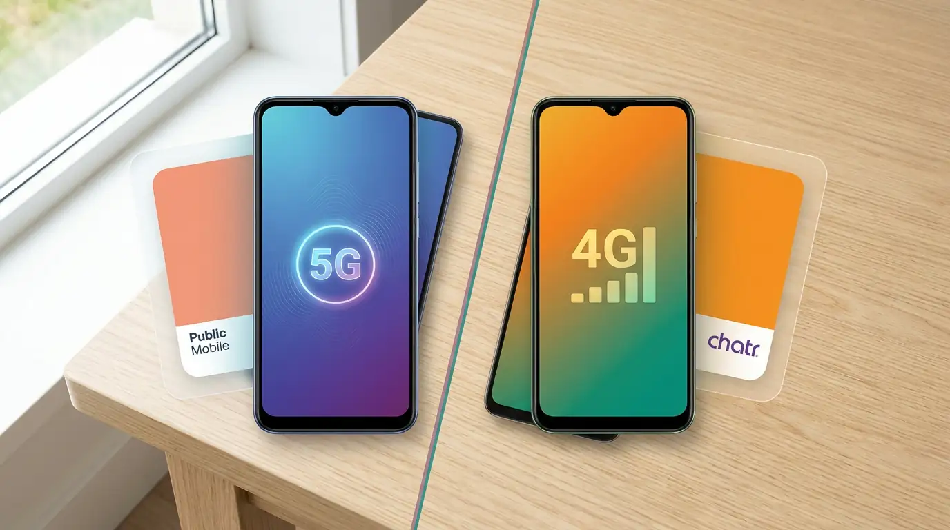 Two budget smartphones side by side representing Public Mobile and Chatr carrier comparison