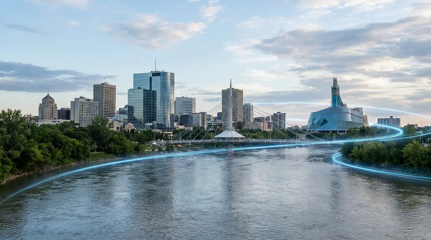 Winnipeg skyline with the Red River representing Public Mobile coverage guide for Manitoba 2026